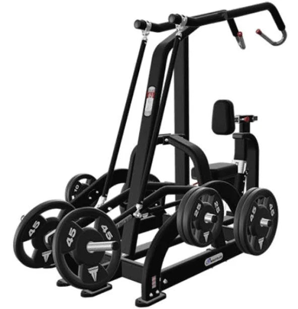 Commercial plate-loaded low row machine for back and lat strength training.