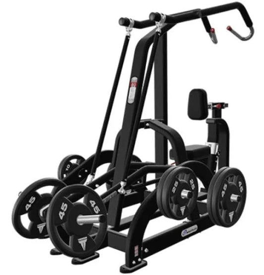 Commercial plate-loaded low row machine for back and lat strength training.