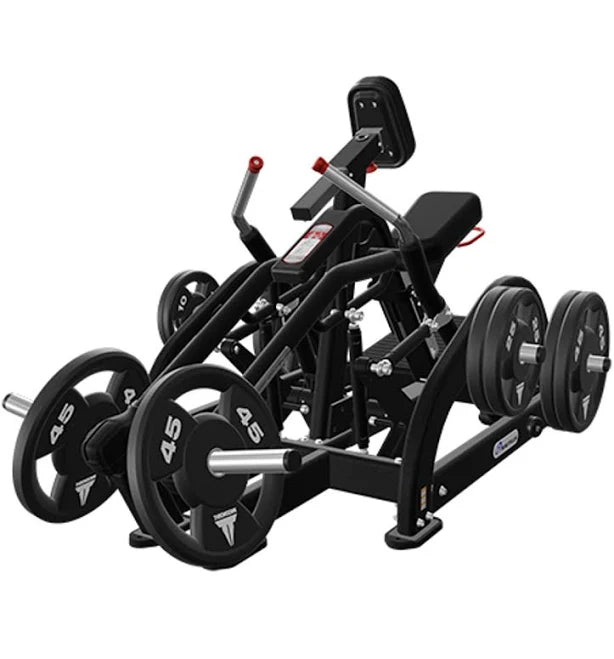 Plate-loaded leverage low row machine with chest support and weight storage pegs.