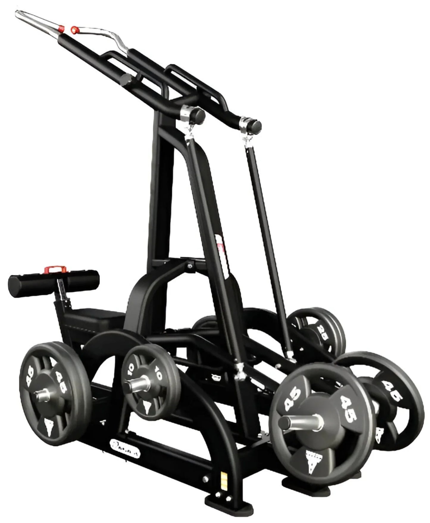 Side view of a leverage high row machine showing the ergonomic pulling arc and heavy-duty steel frame construction for back muscle development.