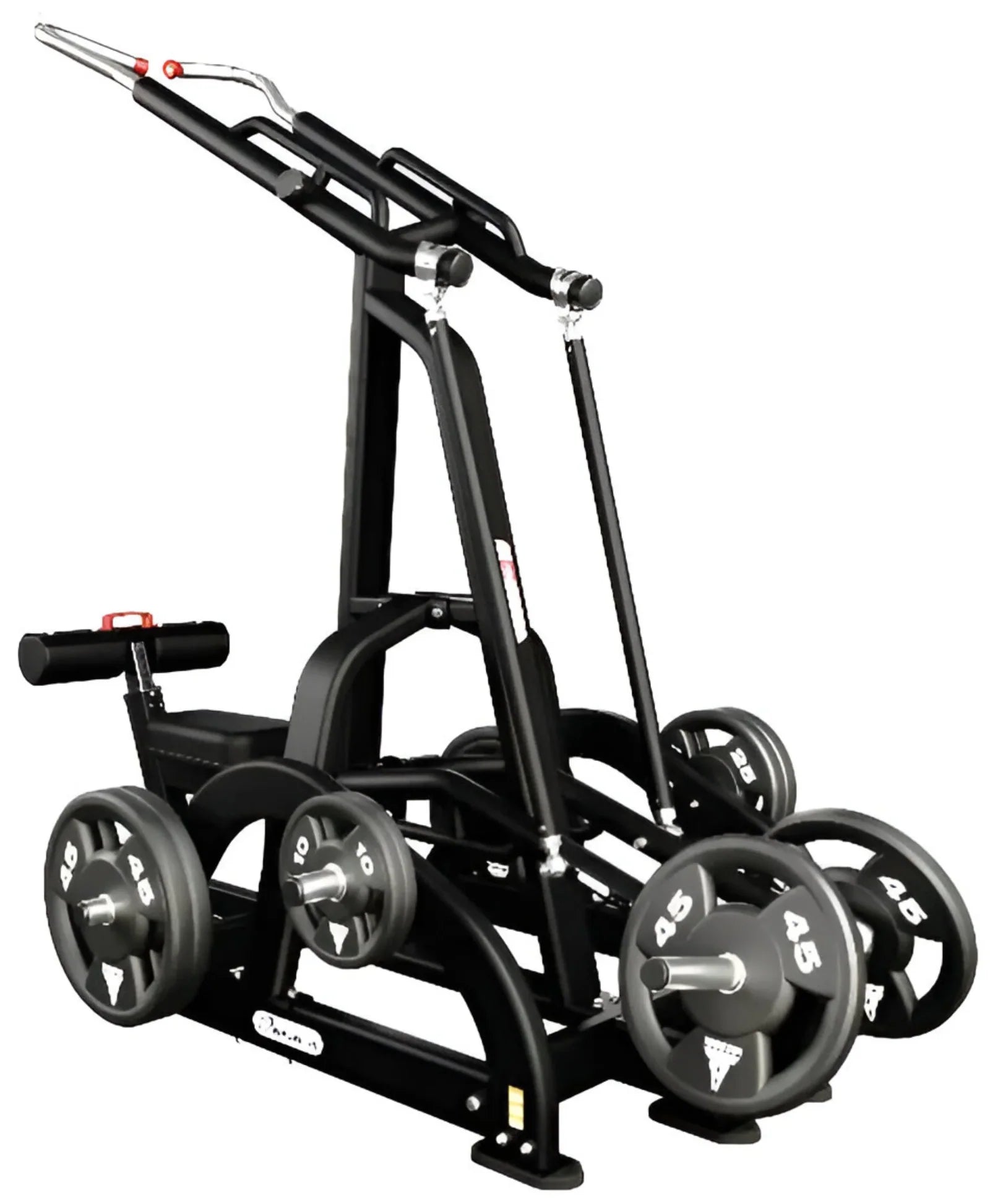 Side view of a leverage high row machine showing the ergonomic pulling arc and heavy-duty steel frame construction for back muscle development.