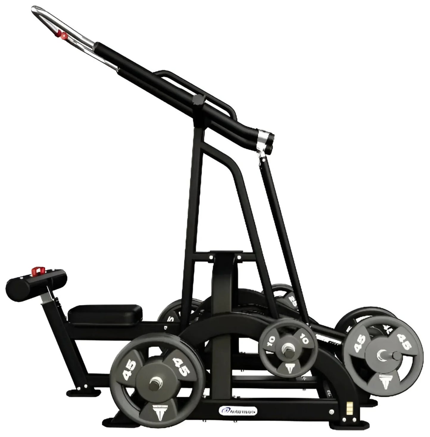 Side view of a professional leverage high row machine showing the movement path and heavy-duty pivot points.