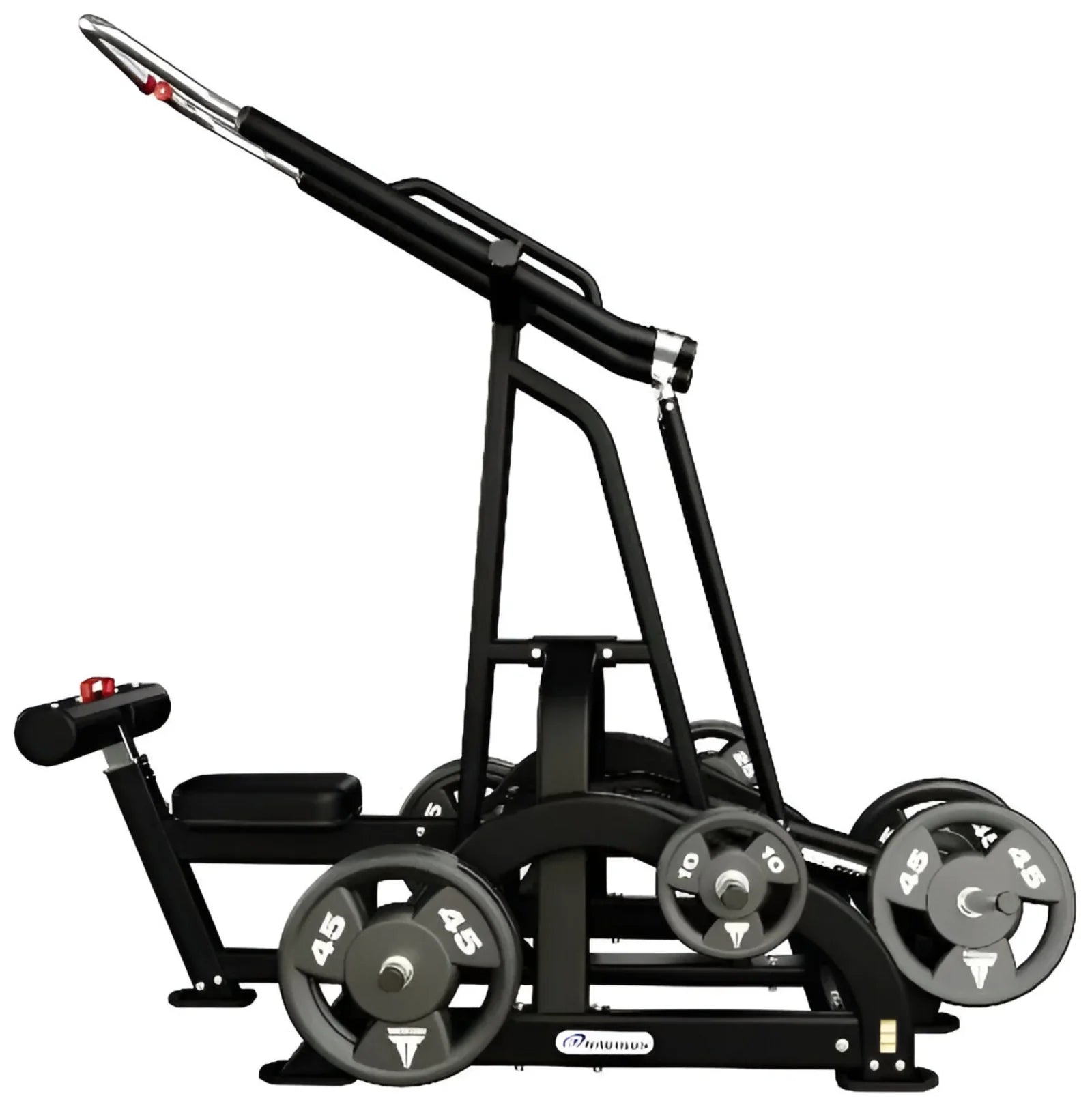 Side view of a professional leverage high row machine showing the movement path and heavy-duty pivot points.