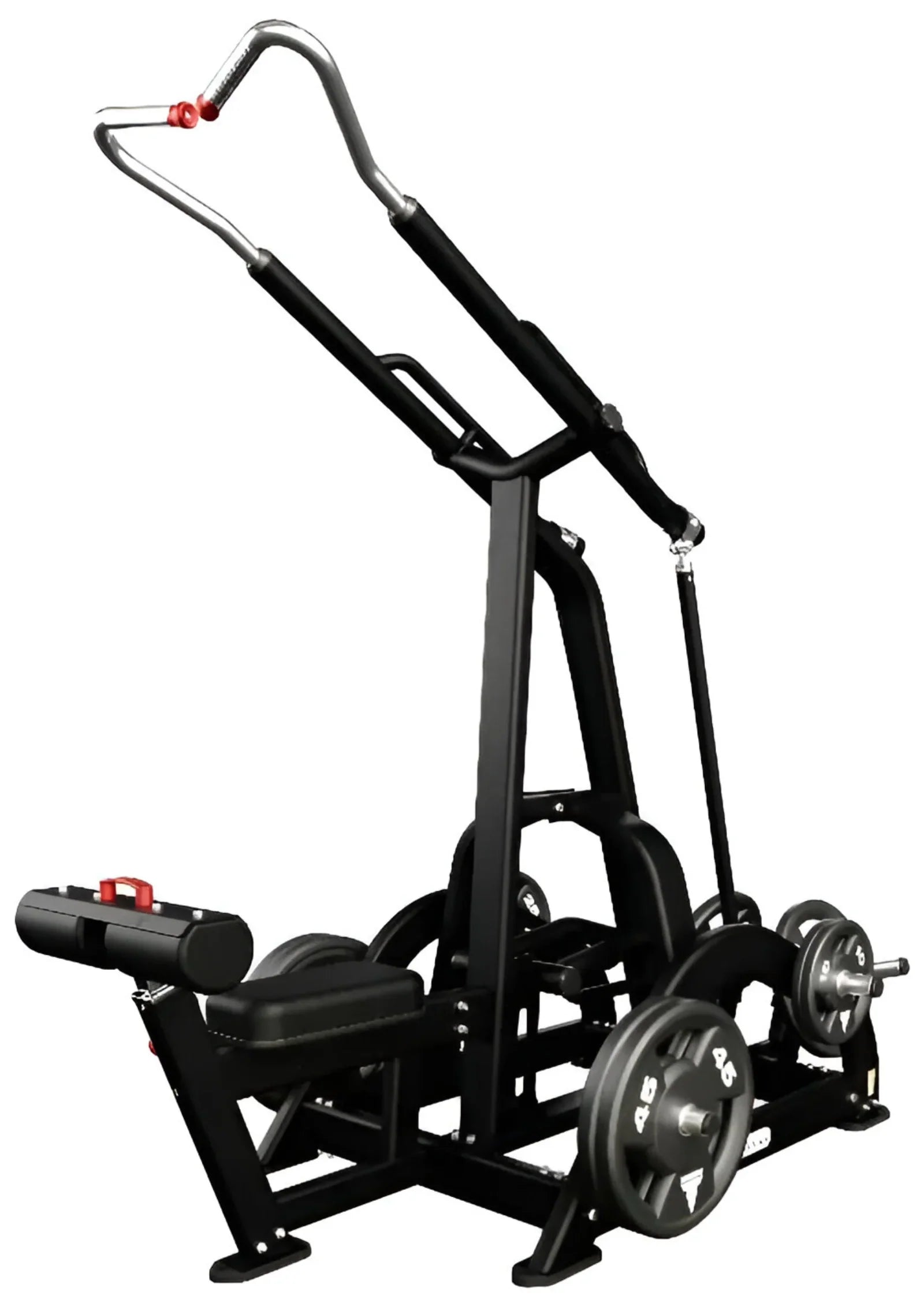 Plate-loaded high row gym machine for lat isolation and upper back strength training.
