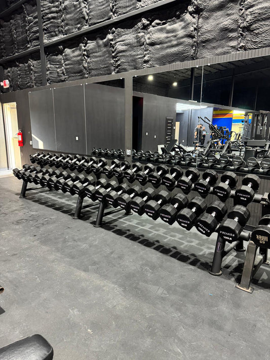 Premier Strength Urethane Dumbbell Set 5-100 w/Racks